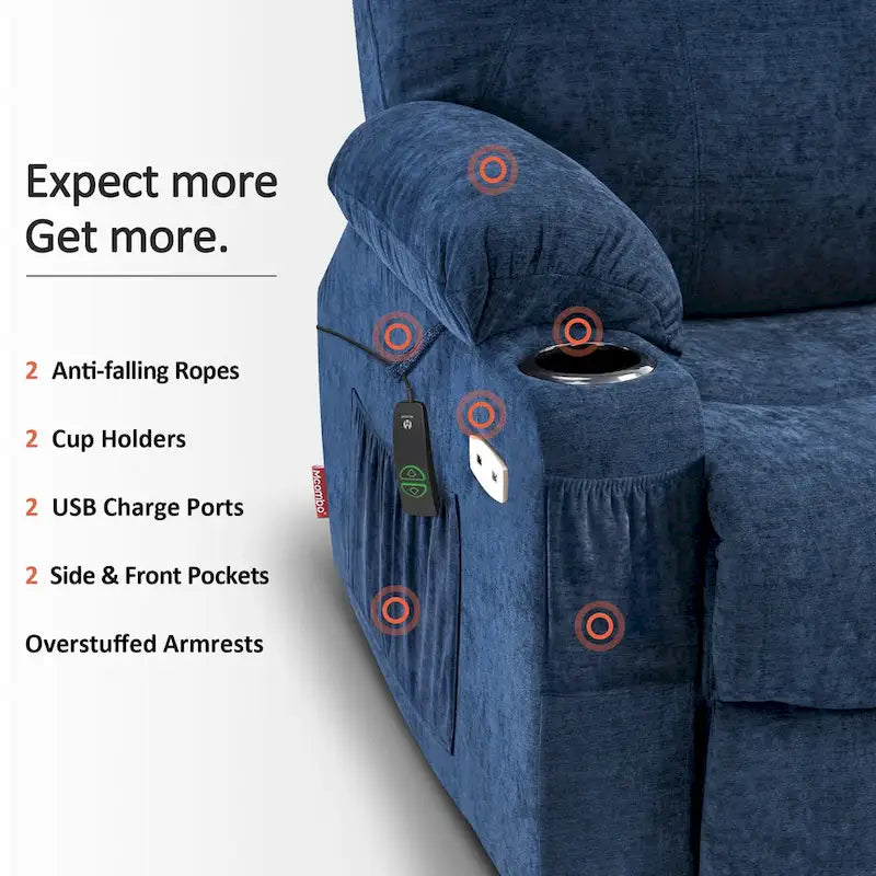 Fauteuil inclinable releveur électrique avec massage, porte-gobelets et repose-pieds étendu