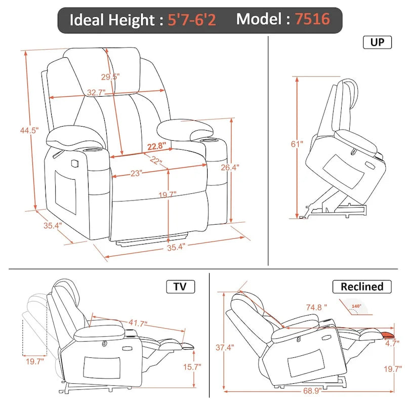 Fauteuil inclinable releveur électrique avec massage, porte-gobelets et repose-pieds étendu