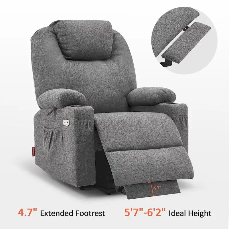 Fauteuil inclinable releveur électrique avec massage, porte-gobelets et repose-pieds étendu