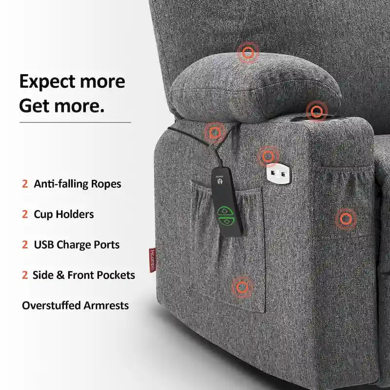 Fauteuil inclinable releveur électrique avec massage, porte-gobelets et repose-pieds étendu