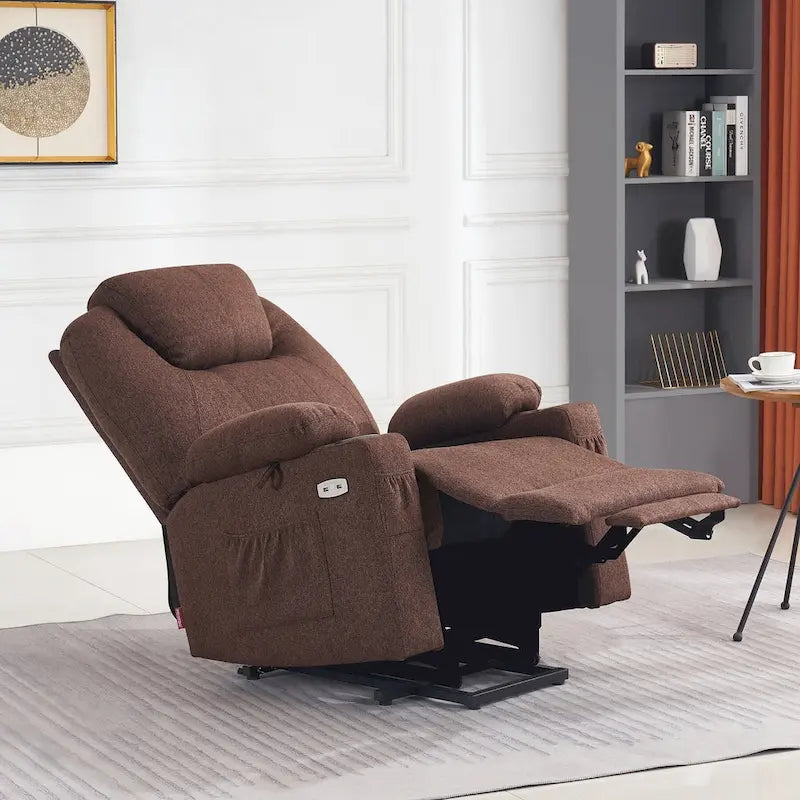 Fauteuil inclinable releveur électrique avec massage, porte-gobelets et repose-pieds étendu