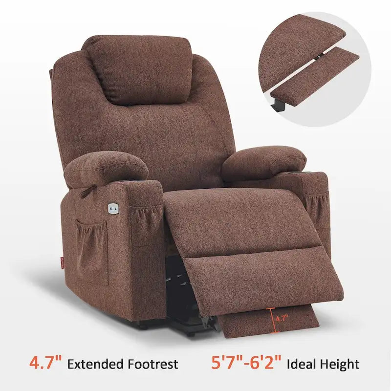 Fauteuil inclinable releveur électrique avec massage, porte-gobelets et repose-pieds étendu