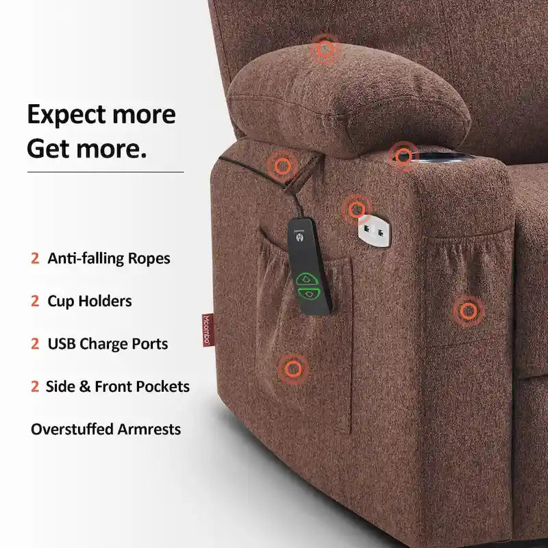 Fauteuil inclinable releveur électrique avec massage, porte-gobelets et repose-pieds étendu