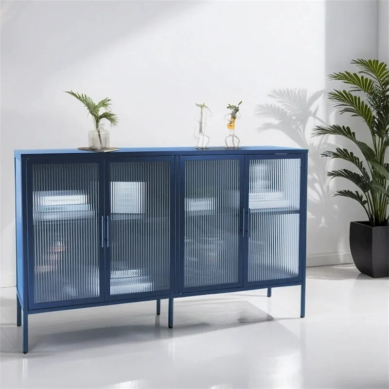 Meuble vitrine 4 portes en verre trempé avec étagère réglable