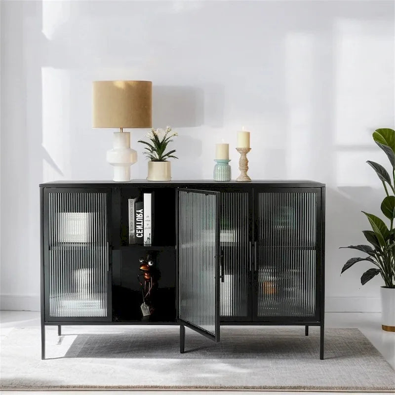 Meuble vitrine 4 portes en verre trempé avec étagère réglable