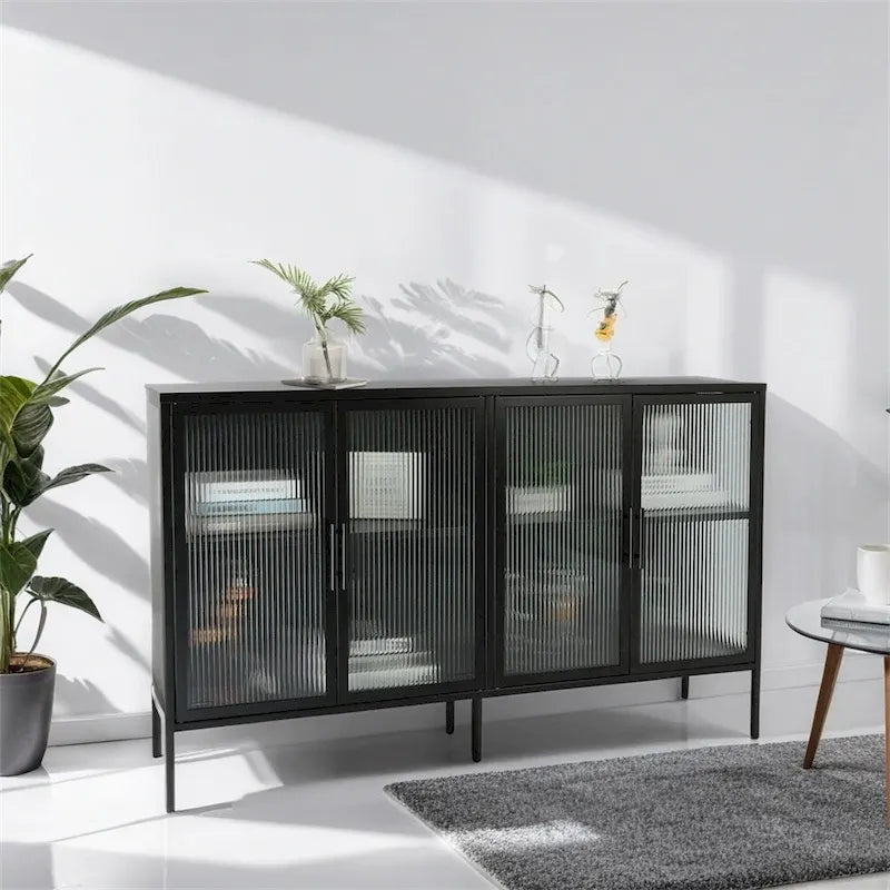 Meuble vitrine 4 portes en verre trempé avec étagère réglable
