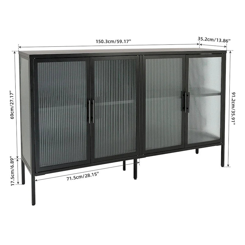 Meuble vitrine 4 portes en verre trempé avec étagère réglable