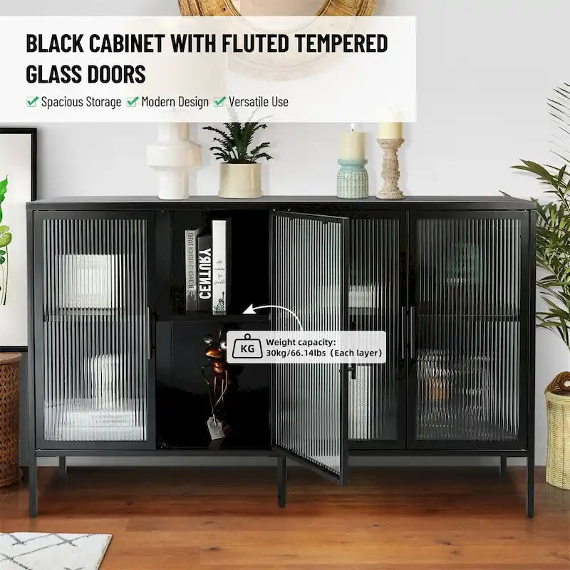 Meuble vitrine 4 portes en verre trempé avec étagère réglable