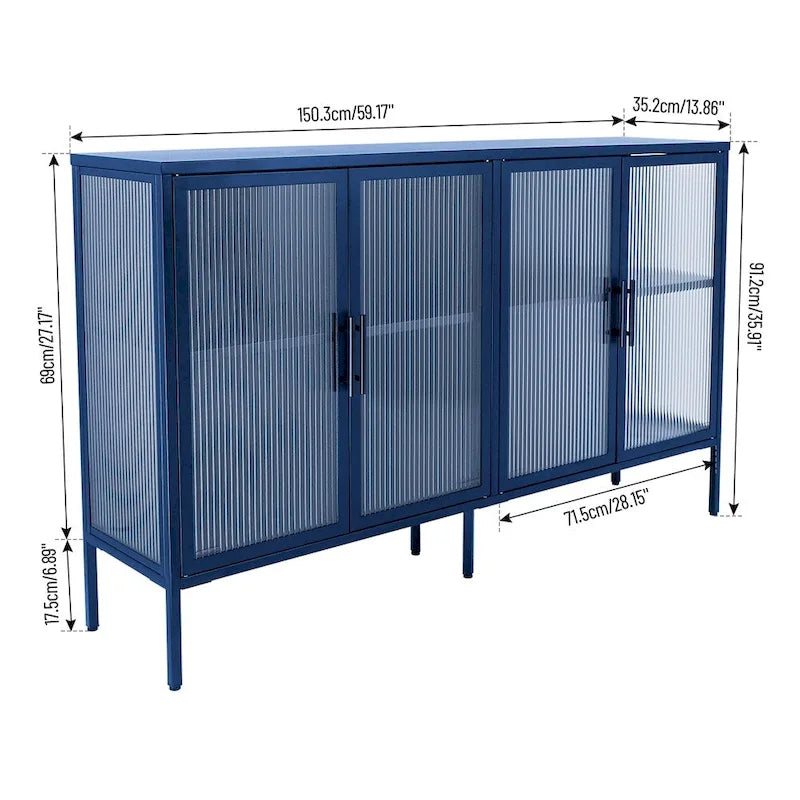 Meuble vitrine 4 portes en verre trempé avec étagère réglable