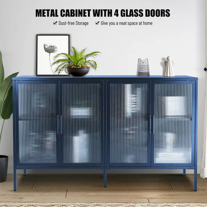 Meuble vitrine 4 portes en verre trempé avec étagère réglable