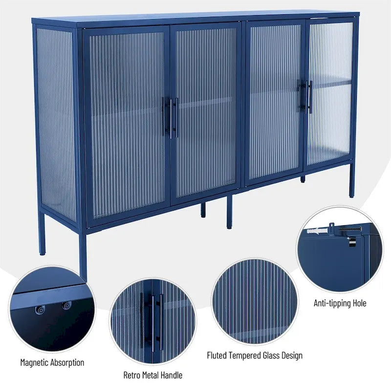 Meuble vitrine 4 portes en verre trempé avec étagère réglable