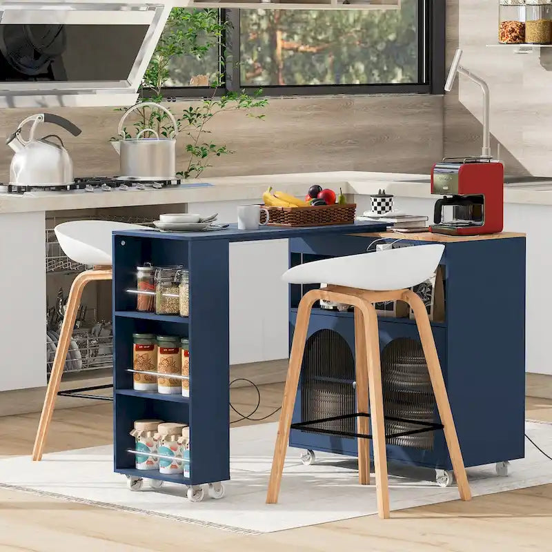 Îlot de cuisine avec table rallongée et lumières LED