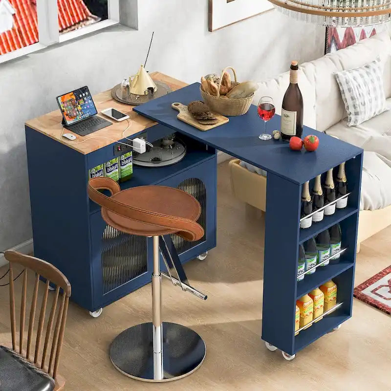 Îlot de cuisine avec table rallongée et lumières LED