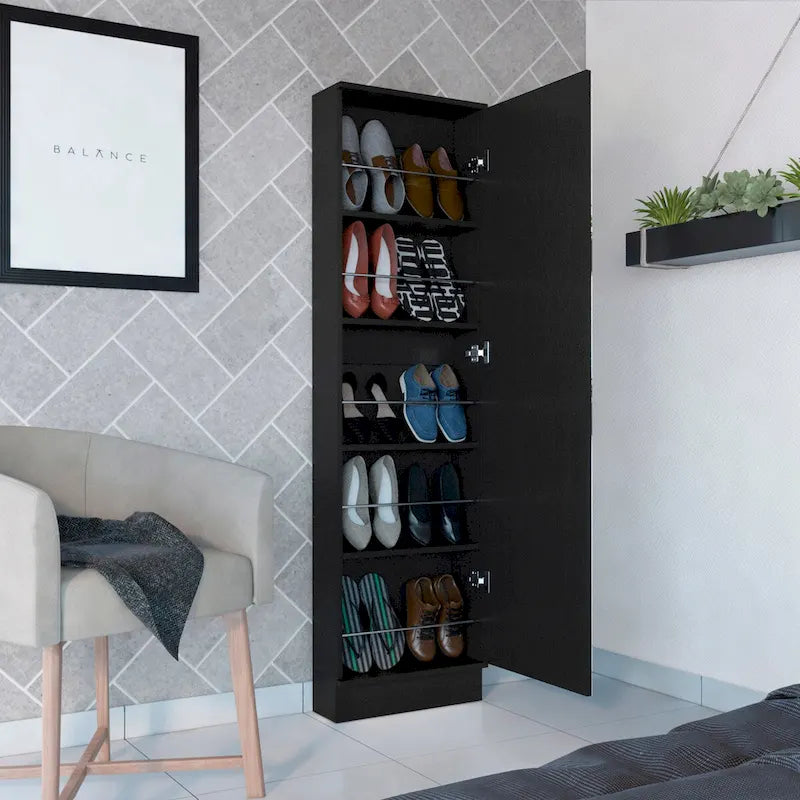 Meuble à chaussures avec miroir, cinq étagères intérieures, armoire à porte unique, finition blanche