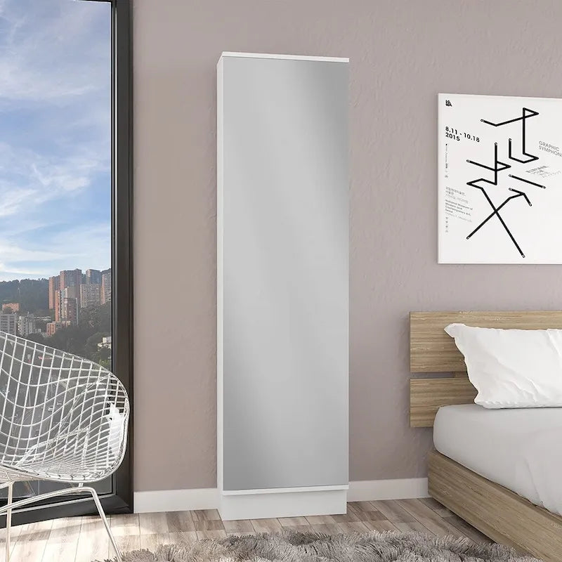 Meuble à chaussures avec miroir, cinq étagères intérieures, armoire à porte unique, finition blanche