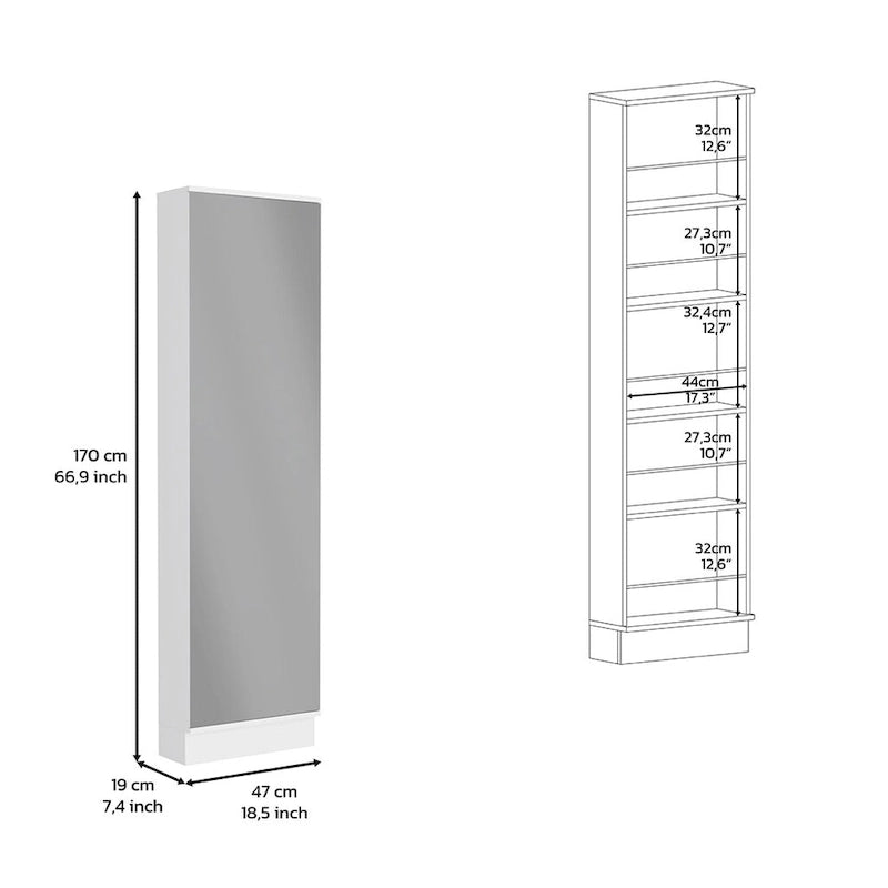 Meuble à chaussures avec miroir, cinq étagères intérieures, armoire à porte unique, finition blanche