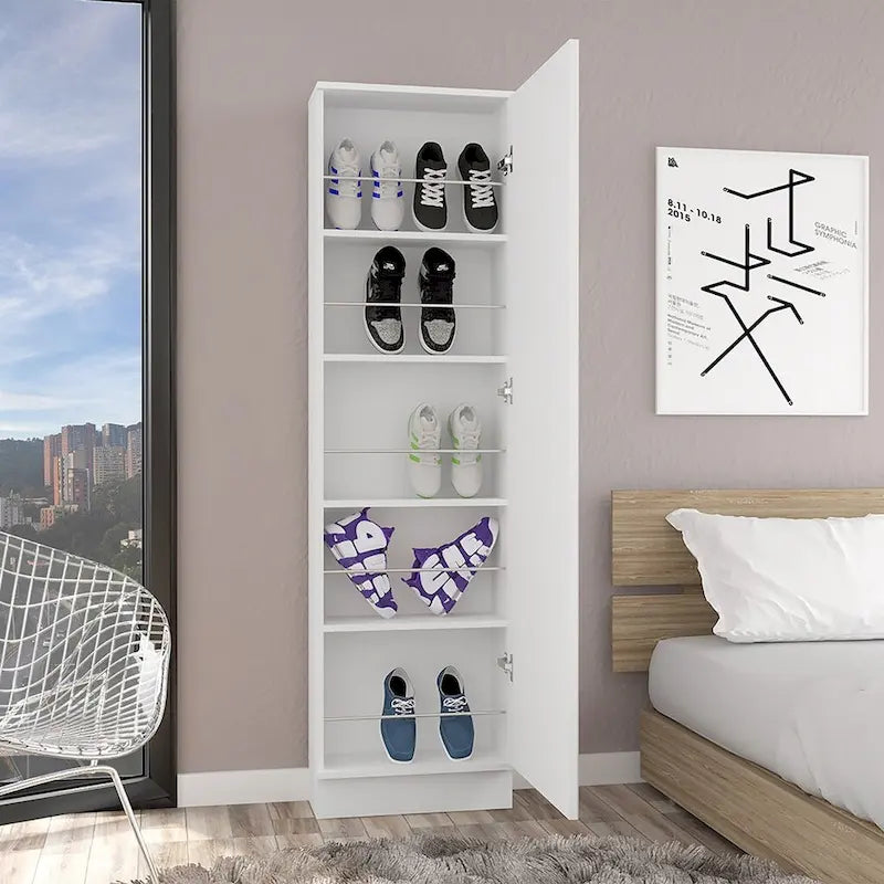 Meuble à chaussures avec miroir, cinq étagères intérieures, armoire à porte unique, finition blanche