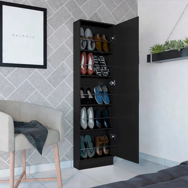 Meuble à chaussures avec miroir, cinq étagères intérieures, armoire à porte unique, finition blanche