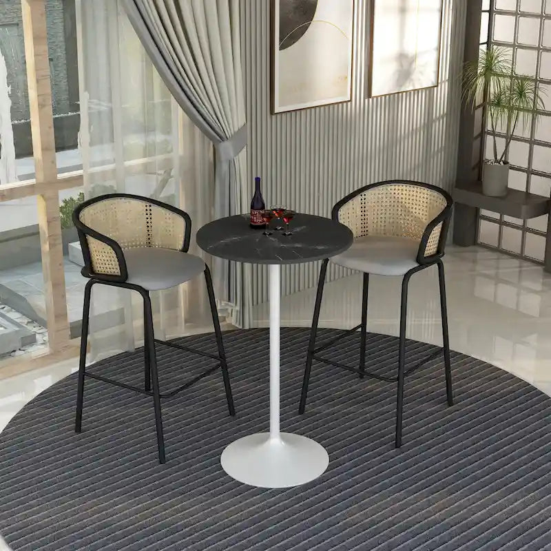 Table de salle à manger ronde de 27 po de hauteur bar avec plateau en MDF et base en acier brossé
