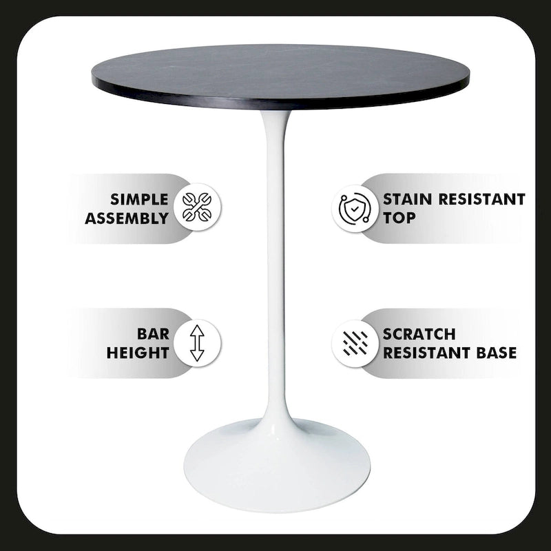 Table de salle à manger ronde de 27 po de hauteur bar avec plateau en MDF et base en acier brossé