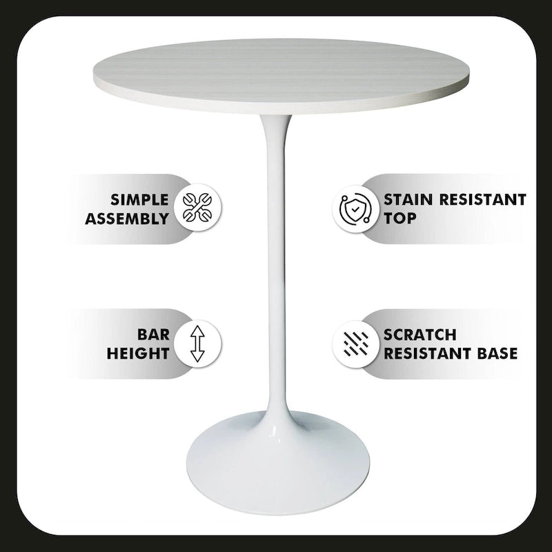 Table de salle à manger ronde de 27 po de hauteur bar avec plateau en MDF et base en acier brossé