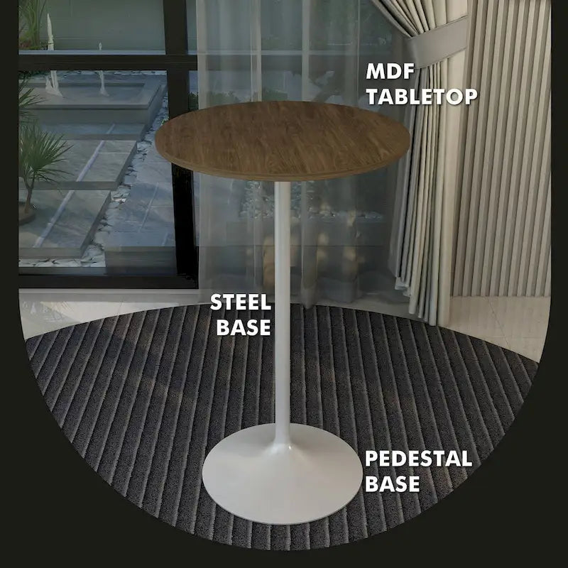 Table de salle à manger ronde de 27 po de hauteur bar avec plateau en MDF et base en acier brossé