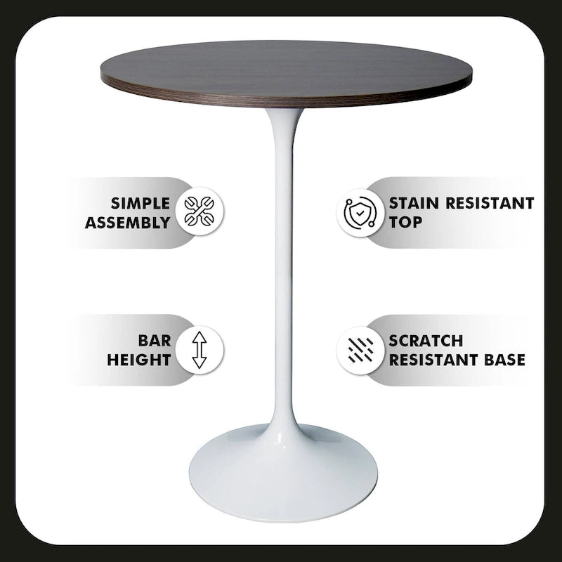 Table de salle à manger ronde de 27 po de hauteur bar avec plateau en MDF et base en acier brossé