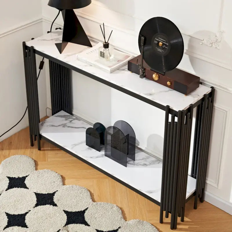 Console à 2 niveaux avec plateau en faux marbre et cadre en métal