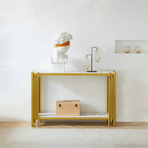 Console à 2 niveaux avec plateau en faux marbre et cadre en métal