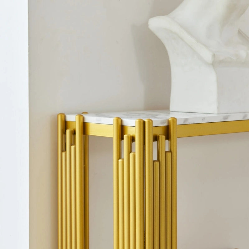 Console à 2 niveaux avec plateau en faux marbre et cadre en métal