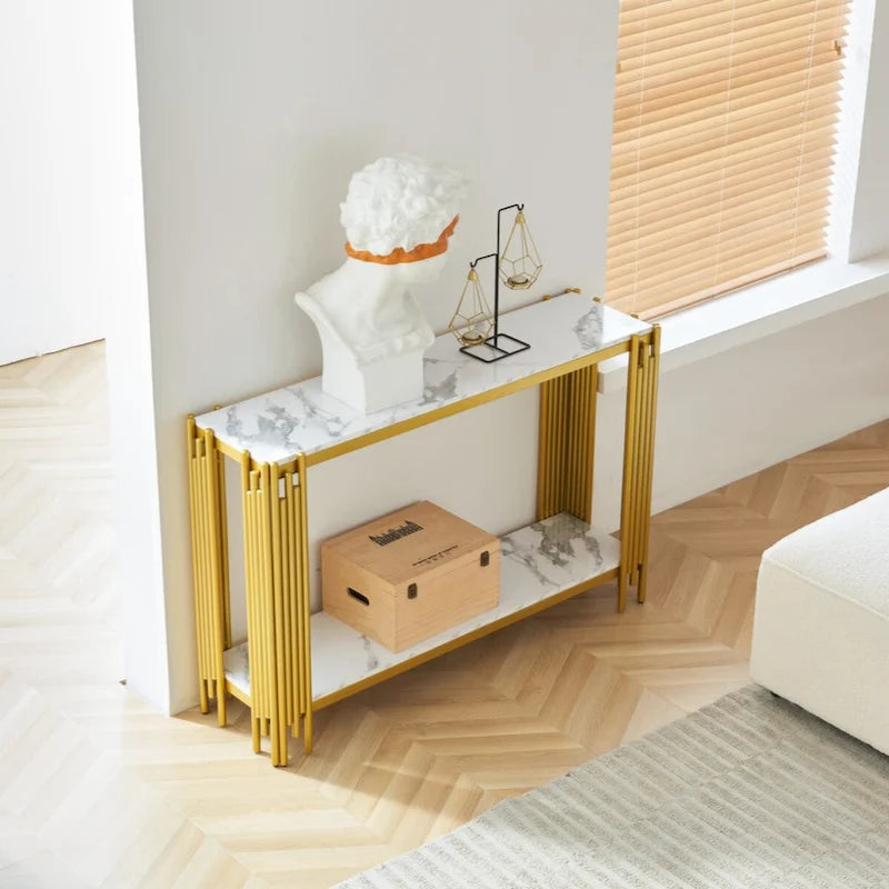 Console à 2 niveaux avec plateau en faux marbre et cadre en métal