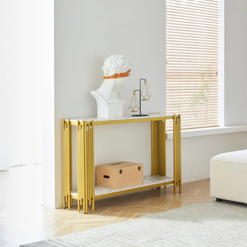 Console à 2 niveaux avec plateau en faux marbre et cadre en métal
