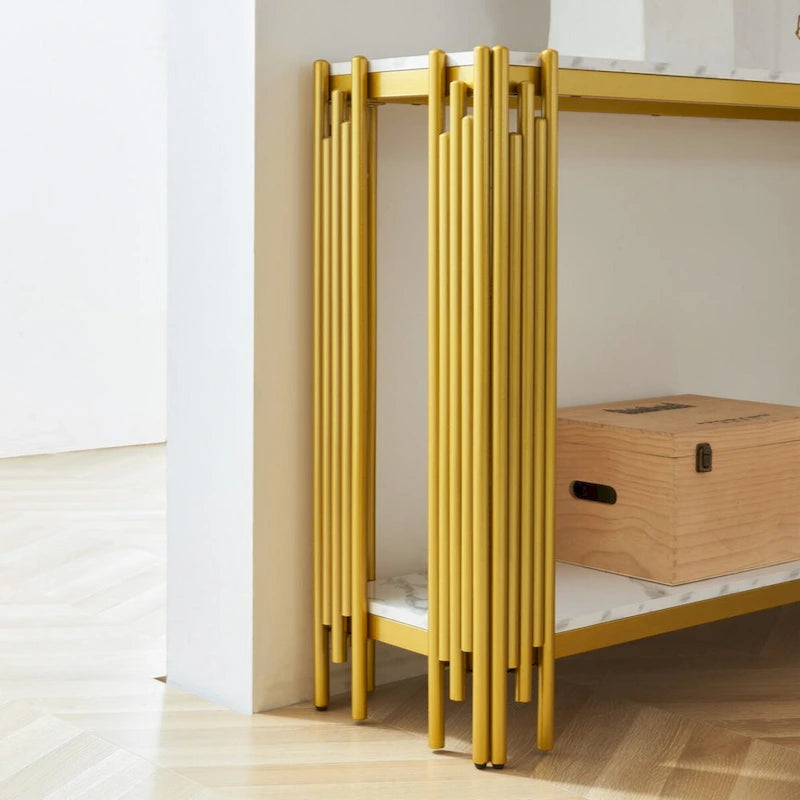 Console à 2 niveaux avec plateau en faux marbre et cadre en métal