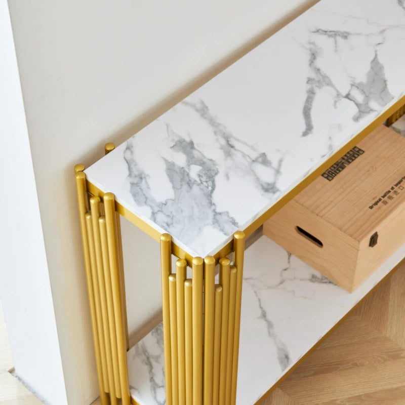Console à 2 niveaux avec plateau en faux marbre et cadre en métal