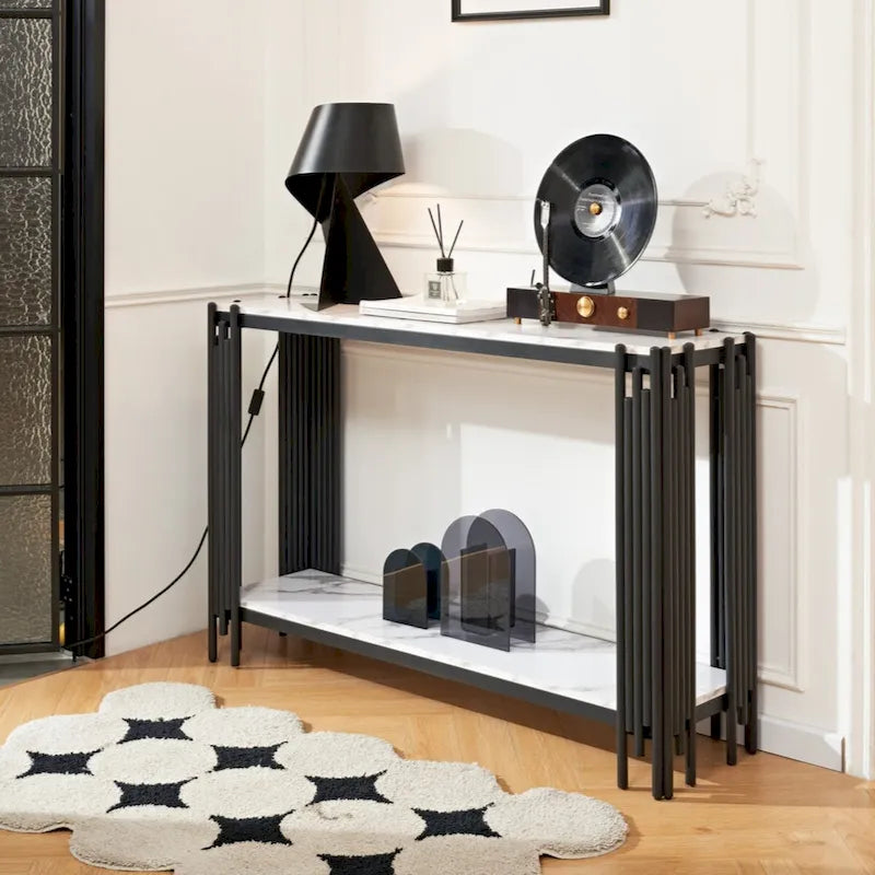 Console à 2 niveaux avec plateau en faux marbre et cadre en métal