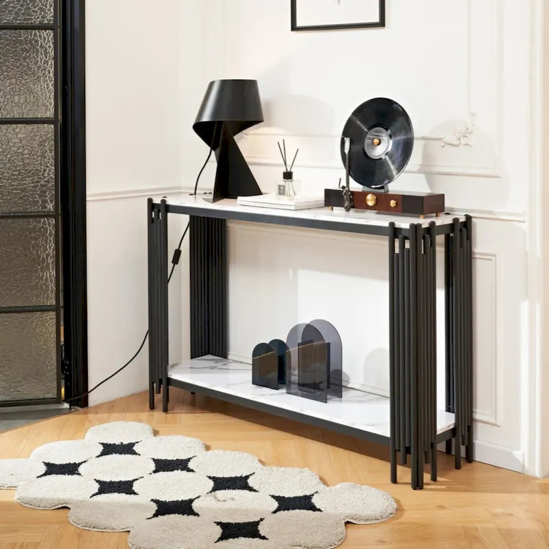 Console à 2 niveaux avec plateau en faux marbre et cadre en métal