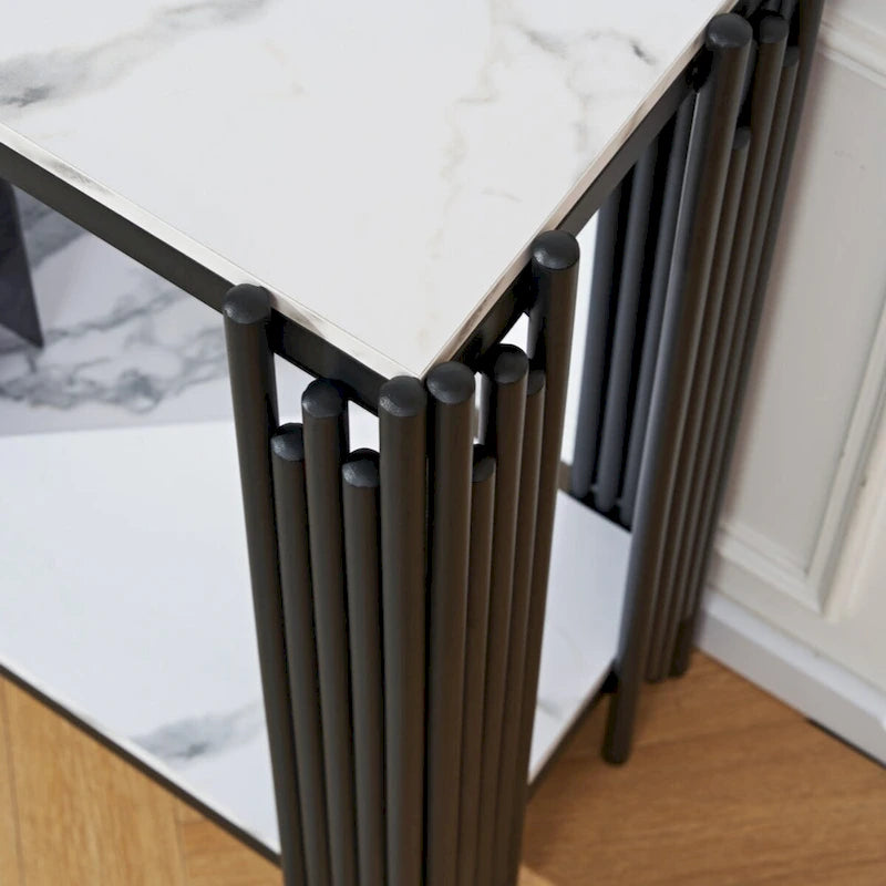 Console à 2 niveaux avec plateau en faux marbre et cadre en métal