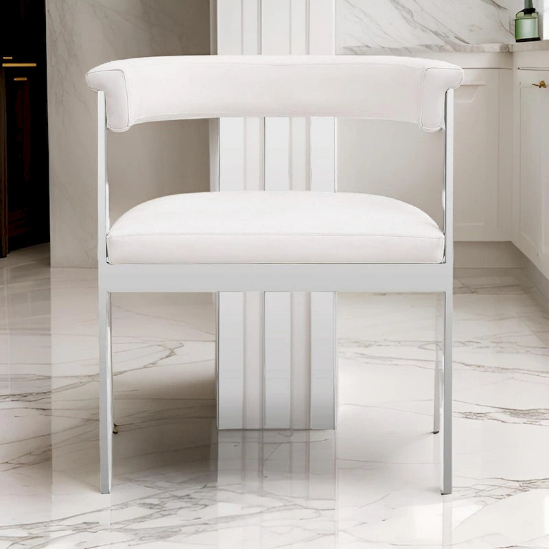 Chaise de salle à manger 25 pouces, similicuir blanc, cadre en acier inoxydable