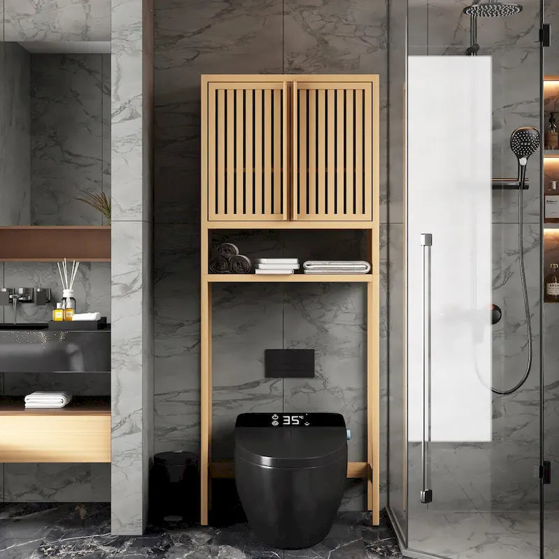 Armoire de salle de bain haute neutre à placer au-dessus des toilettes avec étagère et deux portes