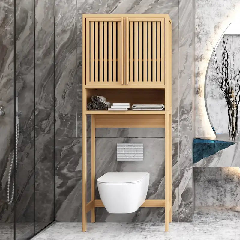Armoire de salle de bain haute neutre à placer au-dessus des toilettes avec étagère et deux portes