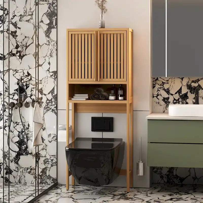 Armoire de salle de bain haute neutre à placer au-dessus des toilettes avec étagère et deux portes