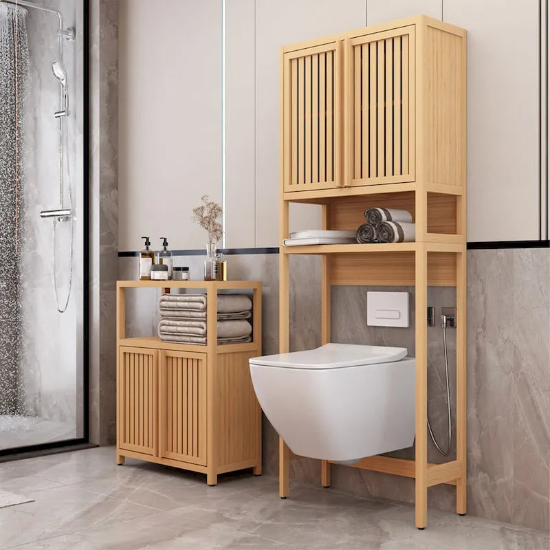 Armoire de salle de bain haute neutre à placer au-dessus des toilettes avec étagère et deux portes