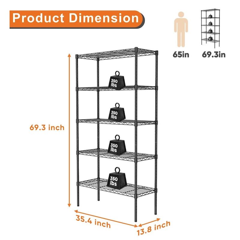 Étagère de rangement en fil métallique réglable à 5 niveaux, étagère autoportante robuste pour cuisine, placard, cellier et garage