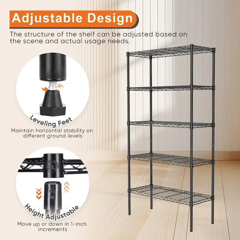 Étagère de rangement en fil métallique réglable à 5 niveaux, étagère autoportante robuste pour cuisine, placard, cellier et garage